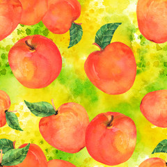 A watercolor seamless pattern with vibrant red apples on a green background, a vegan repeat print