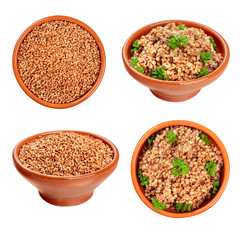 Cooked and uncooked buckwheat garnished with fresh parsley in a rustic earthenware bowl, overhead and angle views, isolated on a white background