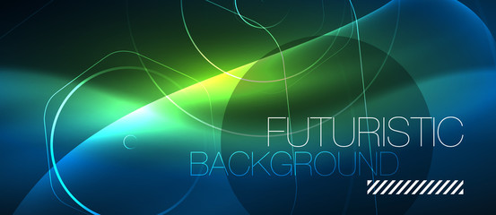 Neon glowing lines, magic energy space blue light concept, abstract background wallpaper design