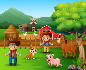 Farm scenes with different animals and farmers in the farmyard