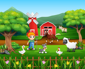 Obraz na płótnie Canvas Cartoon of a farmer at his farm with a bunch of farm animals