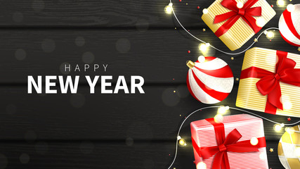 Fototapeta na wymiar Happy New Year holiday web banner. Top view on gift boxes and Christmas balls on black wooden texture. Vector illustration with confetti. Xmas decorative design for Christmas posters, greeting cards.