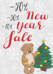 New year sale. Lettering with a cute teddy bear