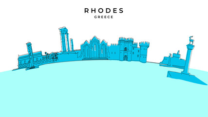 Obraz premium Rhodes Greece panorama. Hand-drawn vector illustration