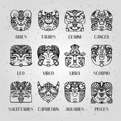 Masks zodiac signs horoscope faces. Astrology vector illustration. Twelve constellations: aries, taurus, gemini, cancer, leo, virgo, libra, scorpio, sagittarius, capricorn, aquarius, pisces