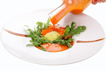 Tomato soup. Gazpacho. Spanish cold dish. On white background.