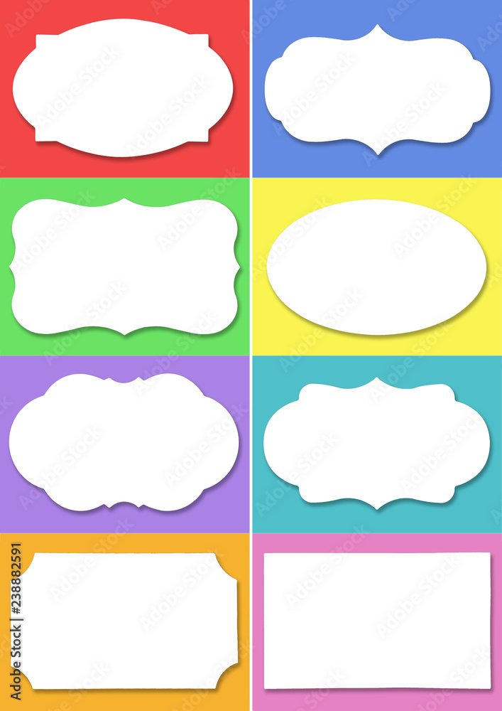 Wall mural set of white label with different shape on different colourful background.