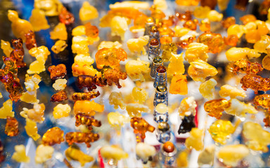 Colorful set of amber - a collection of animal figurines - a typical souvenir from Gdansk, amber...