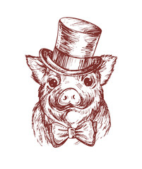Hand draw a portrait of a little pig wearing a top hat and a the bow tie. Vector sketch illustration. - 238884578