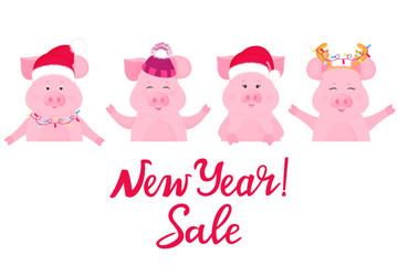 Pigs in Christmas costumes keep advertising banner. New Year Sale. Santa Claus hat, cap with furry hat.