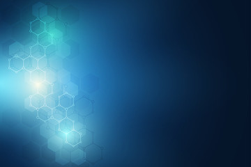 Molecular structures and hexagons elements. Abstract geometric background with molecules and communication. Hexagons pattern for medical or scientific and technological design.
