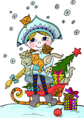 Snow maiden with cats. Holiday card for new year and Christmas. Isolated illustration on white background with snow maiden and gifts