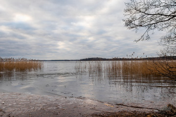 Beautiful scenic tranquil winter landscape of ice, water and reed against a cloudy sky.