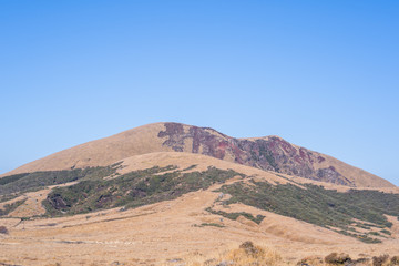 Fototapeta na wymiar Aso mountain and dry brown grassland with miscanthusm in autumn, blue sky.