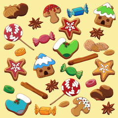 Set of illustrations on the theme of Christmas traditions. A set of Christmas gingerbread cookies, biscuits, candies, lollipops, cinnamon, badyan, toasted chestnuts and almonds,over  yellow background