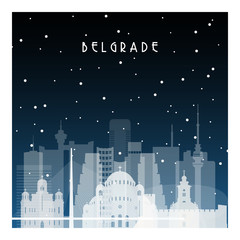 Winter night in Belgrade. Night city in flat style for banner, poster, illustration, background.