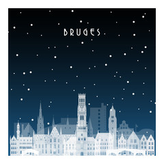 Naklejka premium Winter night in Bruges. Night city in flat style for banner, poster, illustration, background.