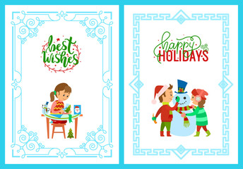 Christmas Holidays Girl with Card Kids and Snowman