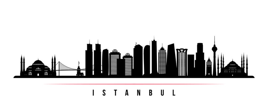 Istanbul city skyline horizontal banner. Black and white silhouette of Istanbul. Vector template for your design. © greens87