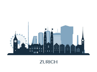 Zurich skyline, monochrome silhouette. Vector illustration.