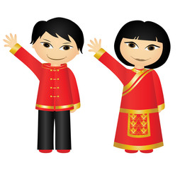 Chinese boy and girl waving in traditional costumes
