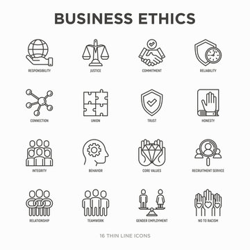 Business ethics thin line icons set: connection, union, trust, honesty, responsibility, justice, commitment, no to racism, recruitment service, teamwork, gender employment. Modern vector illustration.