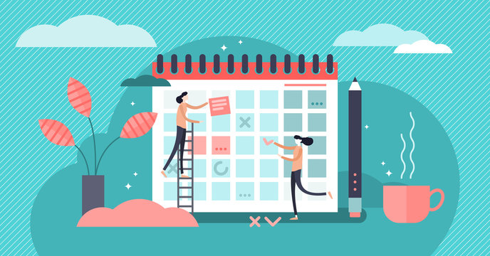 Planning vector illustration. Flat mini persons concept date, time calendar