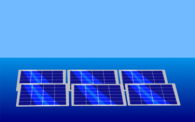 Vector image of floating solar panels on a sea and sky background