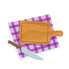 Cartoon cutting board, knife on violet napkin isolated on white