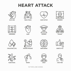 Heart attack symptoms thin line icons set: dizziness, dyspnea, cardiogram, panic attack, weakness, acute pain, cholesterol level, nausea, diabetes. Modern vector illustration.