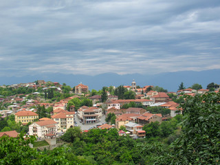 Fototapeta na wymiar Kakheti, Georgia: Sighnaghi picturesque town on a hill, with views of the Alazani Valley and the Georgian Caucasus, Georgia