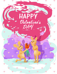Happy Valentine's Day gift card.  Cute cartoon Rabbit  gives a girl-rabbit a bunch of carrots on backgroung of hearts.