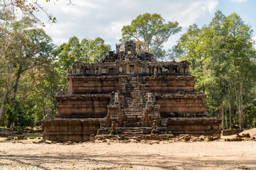 A straight front view shot of a typical temple in Angkor Wat, Cambodia