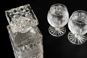 Brandy glass bottle and two brandy glasses