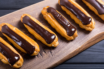 French dessert eclair with chocolate .