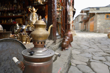 Fototapeta na wymiar Street view on cobblestone street in the Lahic mountain village of Azerbaijan