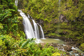 Three Bears Waterfalls / Waikani Falls on the Road to Hana in Maui, Hawaii