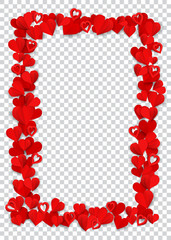 Vertical rectangle frame consisting of many small red paper hearts on transparent background