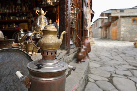 Street view on cobblestone street in the Lahic mountain village of Azerbaijan