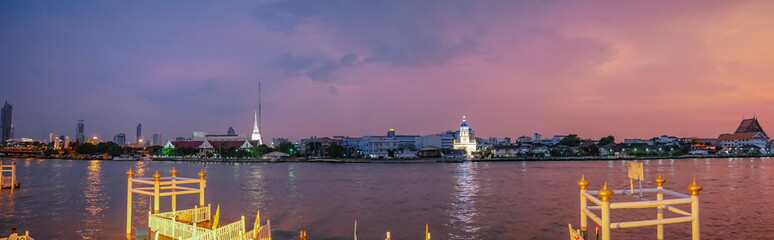 Panorama of CityScape of Bangkok City and Chao Phraya River with Beautiful Sunset in Bangkok City Thailand