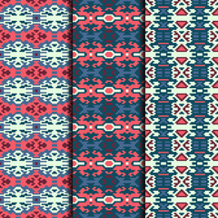 Set of 3 seamless patterns tribal design. Ethnic textile prints. Vector fashion backgrounds.