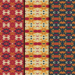 Fototapeta na wymiar Set of 3 seamless patterns tribal design. Ethnic textile prints. Vector fashion backgrounds.