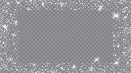Falling snow background. Bbright, White, Shimmer, Glowing, Scatter, Falling on a Transparent background. Holiday frame for New Year greetings.