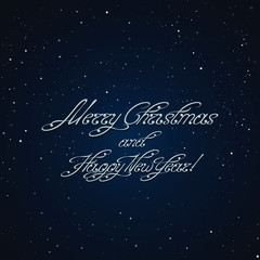 Merry Christmas and Happy New Year inscription on the snow-covered background. Swirl handwritten text. Useful for greeting cards and holiday banners. Vector, EPS 10