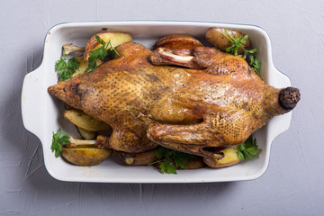 Homemade baked duck with potatoes and apple . Christmas food