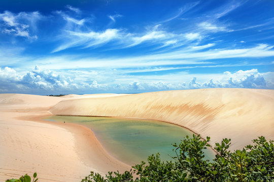 A fresh water lagoon with green vegetation in the foreground in Lencois Maranhenses in northern Brazil