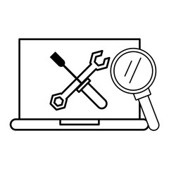 Laptop with tools and magnifying glass