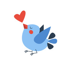 Handdrawn vector kid illustration isolated on a white background with red heart and blue flying bird . Valentine day card 2019