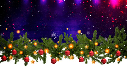 Christmas tree garland on the background of a dirty wall with festive illumination. Christmas balls on the garland, Neon lights, rays, bokeh, smoke