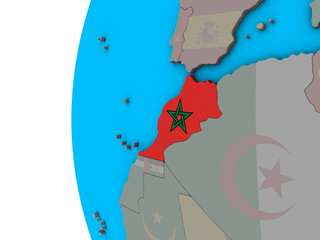 Morocco with national flag on blue political 3D globe.
